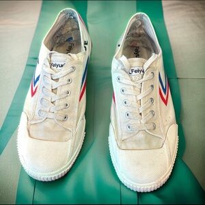 Feiyue White Canvas Sneakers with Blue and Red Accents